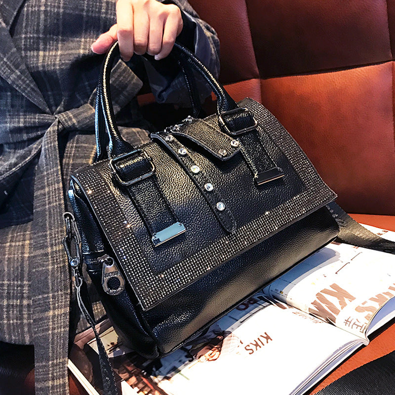 Soft Leather Handbag Large-Capacity Cowhide Hot Rhinestone Handbags