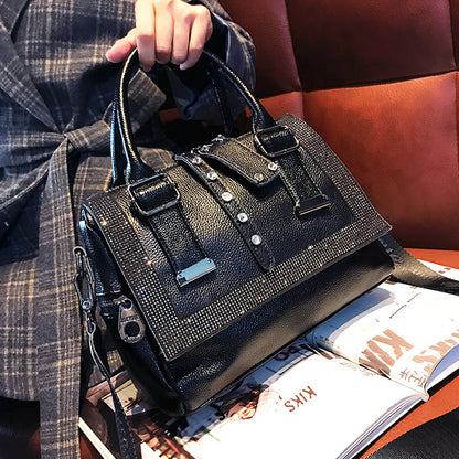 Soft Leather Handbag Large-Capacity Cowhide Hot Rhinestone Handbags