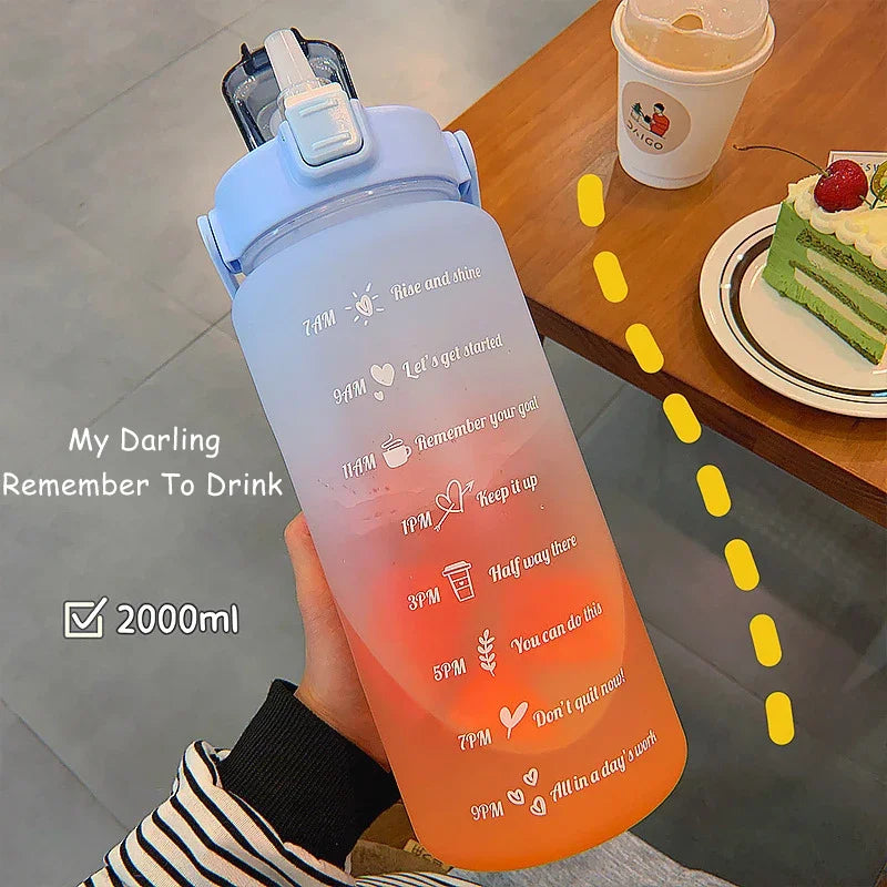 2L Water Bottle with Time Marker for Girl Fitness Jugs Large Capacity Portable Sports Gym Big Drink Bottle with Straw BPA Free