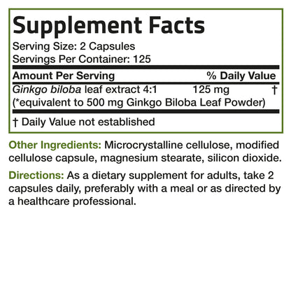 Ginkgo Biloba 500 Mg Extra Strength 500 Mg per Serving - Supports Brain Function & Memory Support, 250 Vegetarian Capsules