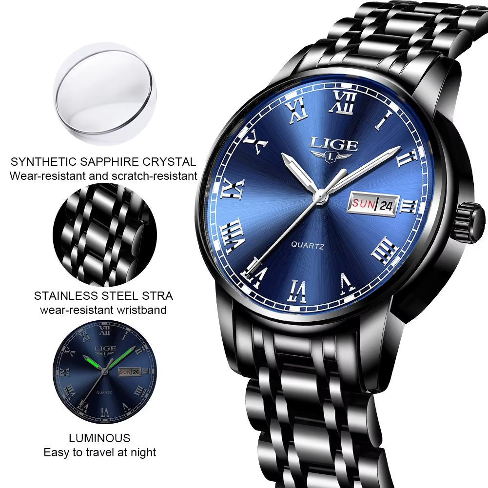 Luxury Mens Quartz Analog Watches Business Date Casual Wristwatch for Women Men Black