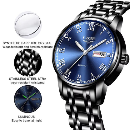Luxury Mens Quartz Analog Watches Business Date Casual Wristwatch for Women Men Black