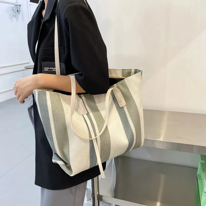 Large Capacity Canvas Women Shopping Shoulder Bags Luxury Designer Simple Stripes Handbags Casual Female Bucket Shopper Tote Bag