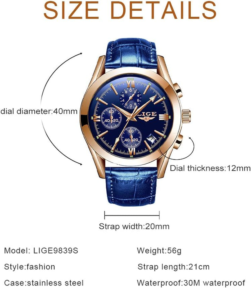 Mens Watches Casual Blue Leather Analog Quartz Watch Men Black Fahison Dress Wristwatch Men'S Waterproof Chronograph Sport Clock Business Date Casual Watch Men