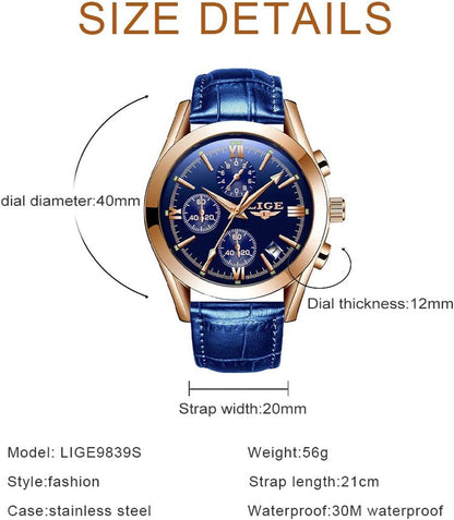 Mens Watches Casual Blue Leather Analog Quartz Watch Men Black Fahison Dress Wristwatch Men'S Waterproof Chronograph Sport Clock Business Date Casual Watch Men