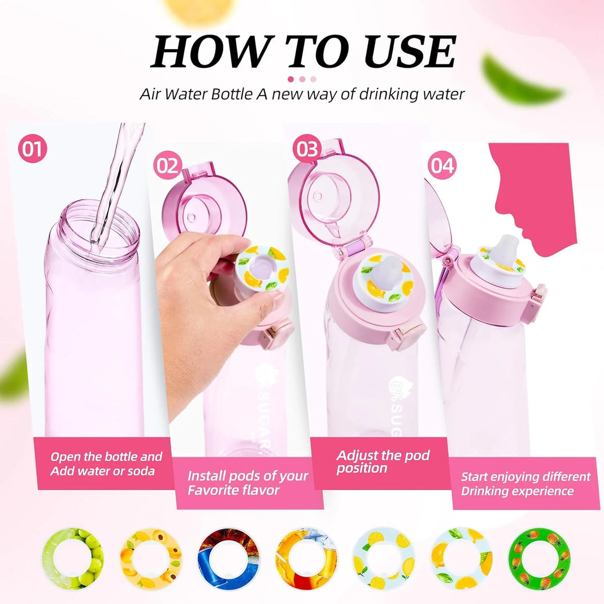 Air Water Bottle with 7 Flavour Pods, 650Ml Water Bottle Set, Sports Water Bottles with Straw, 0 Sugar, 0 Calorie Drinking Fruit Fragrance Bottle for Fitness, Outdoor, Gift, Sport, Kids, Gift, New