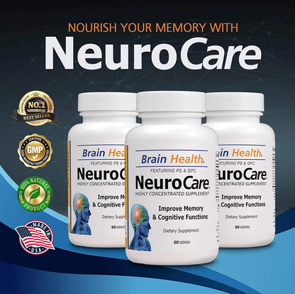 Neuro Care Nootropic Brain Health Supplement, Highly Concentrated Memory Booster Enhanced Mental Focus, Cognition, Memory, Concentration and Clarity, 100% Natural Dietary Supplement - 60 Tablets