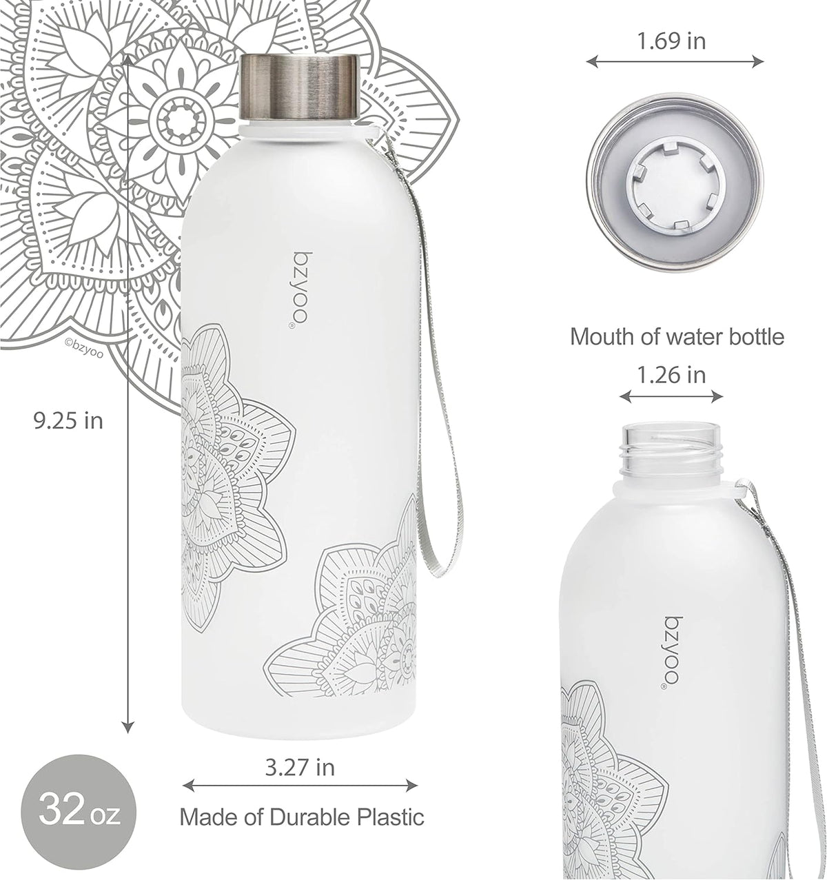 32 OZ 1 Liter Time Marker Water Bottle Frosted Durable Plastic with Strap - Reusable Clear Bottle with Times to Drink Time Markings for Daily Hydration Intake BPA Free (Silver)
