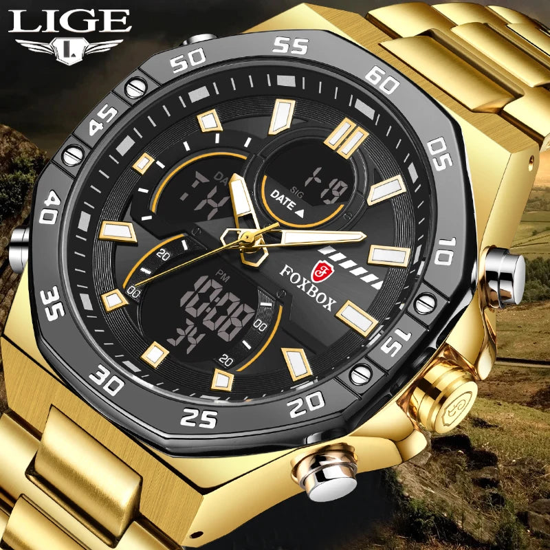 LIGE Dual Display Watches for Men Fashion Business Waterproof Watch Men Top Brand Luxury Sport Quartz Chronograph Reloj Hombre