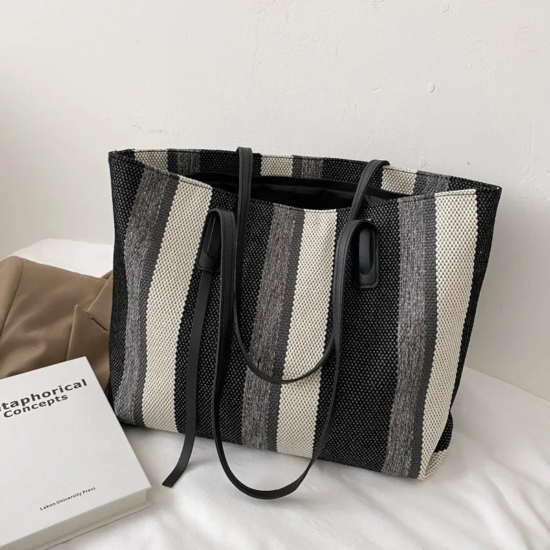 Large Capacity Canvas Women Shopping Shoulder Bags Luxury Designer Simple Stripes Handbags Casual Female Bucket Shopper Tote Bag