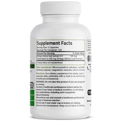 Ginkgo Biloba 500 Mg Extra Strength 500 Mg per Serving - Supports Brain Function & Memory Support, 250 Vegetarian Capsules